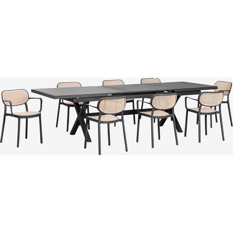 Ensemble de table rectangulaire extensible Karena 240-300x100 cm et 8 chaises de jardin empilables avec accoudoirs Omara SKLUM Gris Graphite (1/5)