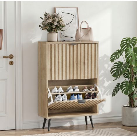 Zapatero de 60 cm, 2 abatibles, efecto madera natural, estilo Mid-Century Modern OKMYHOME (1/5)