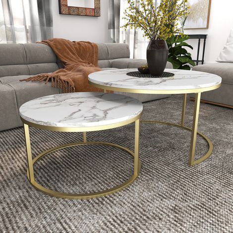 Table basse aspect marbre, Table d'appoint pour salon, Diamètre 80 + 60 cm, Grande table ronde, MDF, plateau blanc avec cadre doré
