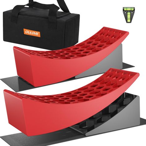 Lot de 2 Blocs de nivellement pour Camping-Car, remorque de Voyage, Comprend 2 rampes de nivellement incurvées, 2 Cales, 2 Tapis en Caoutchouc, 1 Niveau à Bulle T, 1 Sac de (1/5)