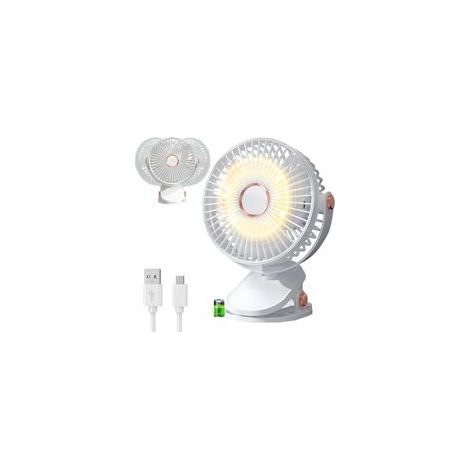 Ventilateur USB de bureau blanc 5 vitesses, rotation 360°, avec lumière LED, compact et portable pour bureau et maison