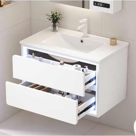 Meuble lave-mains suspendu en MDF et céramique blanc 76x46x48,5 cm avec éclairage LED à capteur et 2 tiroirs (1/5)