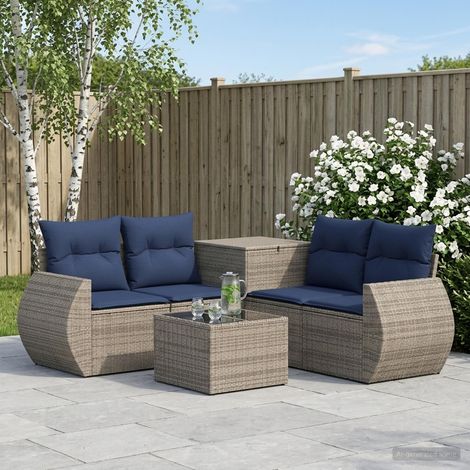 Set di divani da giardino modulare in polyrattan e acciaio con cuscini grigio e blu navy, set da 6, 50.45kg - PANGIVO (1/5)
