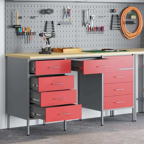 Werkbank mit Schubladen 3 pcs Rot Ingenieure Holz und Stahl