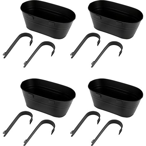 Lot de 4 pots de fleurs suspendus en métal noir avec trous de drainage et fente longue, forgés pour jardin ou balcon. (1/5)