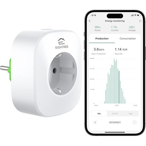 Prise Connectée WiFi, Mesure la Production d'Électricité des Mini-Systèmes Photovoltaïques, Compatible avec , SmartThings et , Commande Vocale, 16A, Type F (NON Type E) (1/5)