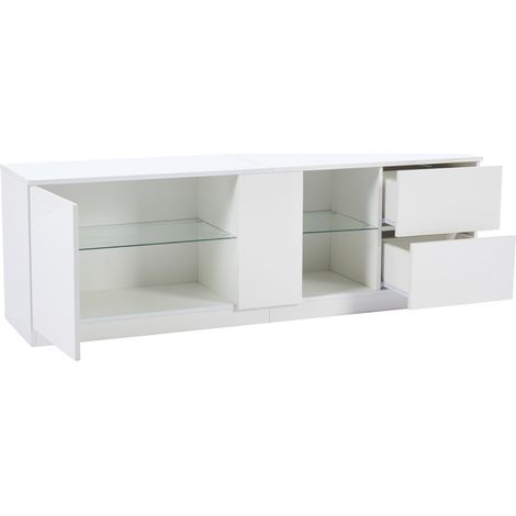 TV Lowboard mit 2 Schubladen, 1 Tür und LED, Hochglanzfront, für Wohnzimmer, aus MDF, Weiß, 160 × 40 × 52 cm (1/5)