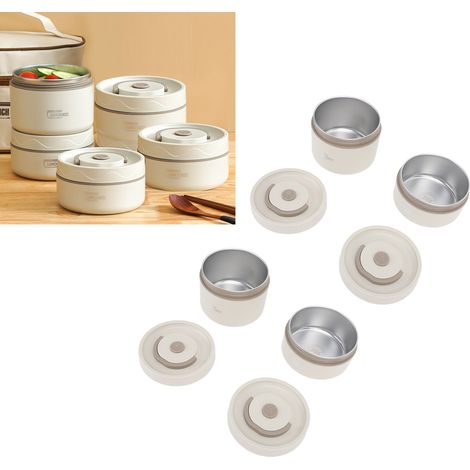 Boîte à lunch portable en acier inoxydable 304 avec couvercle, ronde et hermétique, blanc cassé, lot de 4 + sac isotherme (1/5)