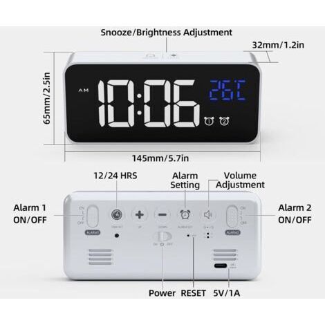 Réveil numérique avec grand affichage LED de la température, réveil miroir portable avec double alarme et luminosité réglable sur 4 niveaux (argent) (1/3)
