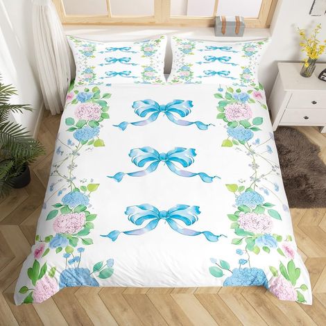 Housse de Couette 140x200 Noeud Bleu Aquarelle, Parure de Lit À Fleurs D'Hortensia Preppy pour Enfant Fille, Sets de Housses de Couettes Nœud Fleurs Tendance, Couvre Lit Nœud Papillon - 140x200cm + 1 (1/5)