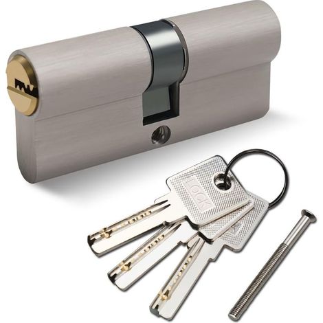 1 Cylindre en laiton Euro 30/30mm, nickel satiné cylindre double Serrure avec 3 clés horizontales, pour porte a maison et d'entrée d'appartement,anti-crochetage, anti-perçage (1/5)