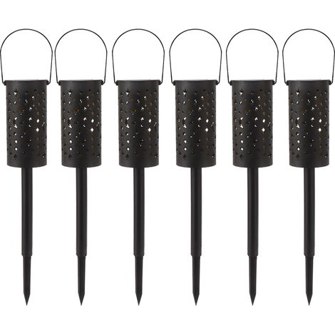 Lot de 6 lampes solaires LED étanches pour jardin, éclairage paysager en forme d'étoile et de lune, à brancher au sol pour pelouse, terrasse ou allée extérieure.