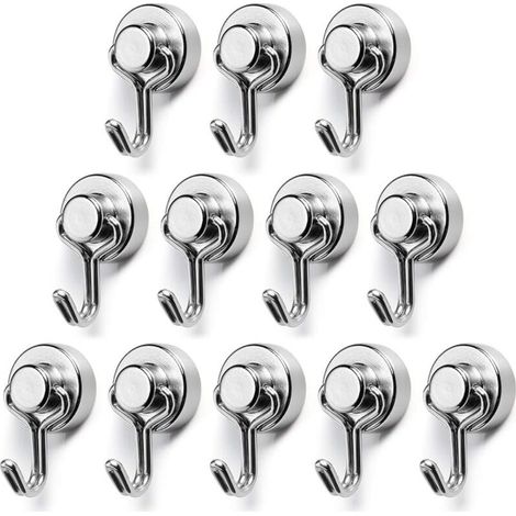 Crochet Magnétique, Diamètre 15mm Petit Puissant Crochet Métallique Aimantés en Néodyme, Capacité de Charge Maximale 7kg, Adapté pour Cuisine, Réfrigérateur, Bureau Lot de 12