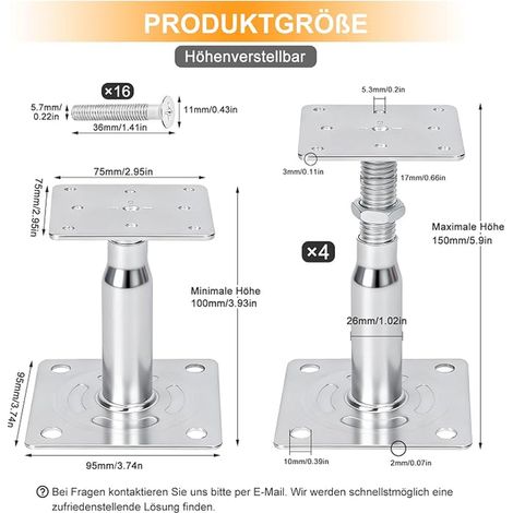 Support Poteau Bois Pied de Poteau Reglable Supports de Poteaus Réglables en Hauteur 100 à 150 mm Galvanisé À Visser Pieds de Support pour Abris Clôture Carport Pergolas(Argent) (1/4)