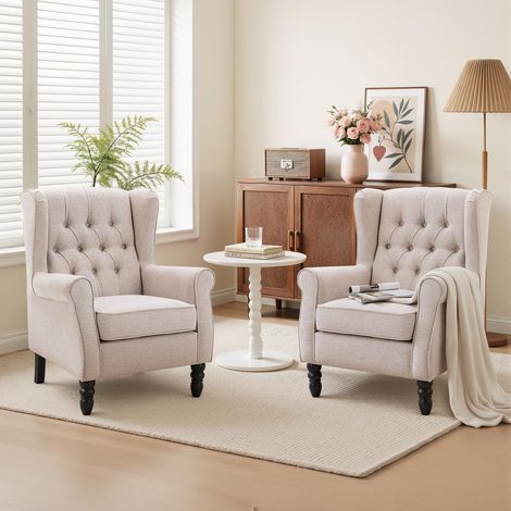 Fauteuil Vintage Mi-Siècle Lot de 2, Fauteuil à Oreilles Rembourré avec Capitonnage Boutonné, Housse en Tissu et Pieds en Bois Massif pour Salon, Bureau, Café - Beige (1/5)