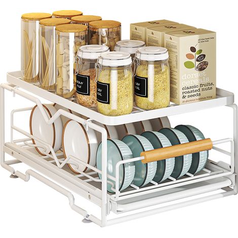 Heikoeco® Égouttoir à vaisselle, Égouttoir à vaisselle, Égouttoir de luxe extensible pour armoires de cuisine, Égouttoir à vaisselle à 2 étages (Filet plat + Échelles à bols) (1/5)