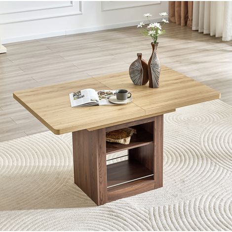 Mesa de comedor extensible con almacenamiento, 130 a 160 cm, MDF, natural y nogal DESVIAE (1/5)