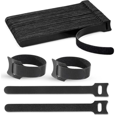 Lot de 100 attaches de câble Velcro noires et résistantes, prédécoupées et fines, réutilisables, auto-adhésives, 150 x 12 mm. Idéales pour la gestion et l'organisation des câbles à la maison et au bur (1/4)