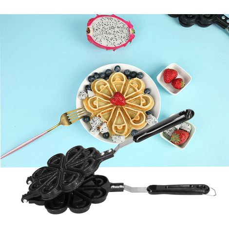 Poêle à Gaufres Antiadhésive avec 2 Poignées Inox et Moule en Forme de Cœur pour Crêpes