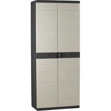 Armoire de jardin haute 2 portes avec étagères – Dimensions 70 x 44 x 176 cm – Coloris beige et noir – Gamme Titanium – Plastiken (1/3)