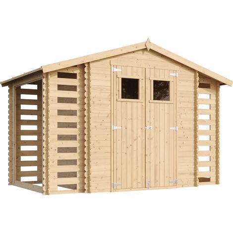 TIMBELA M391+M391G Caseta de madera para jardín con 2 leñeras - caseta de pino / abeto - H218 x 328 x 206 cm / 3,53 + 0,97 + 0,97 m2 (1/5)