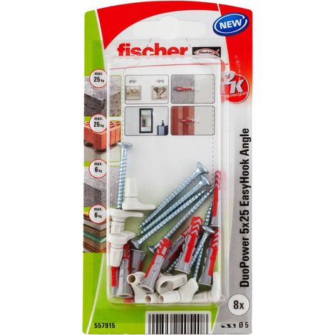 Fischer EasyHook Angle 5, set da 8 Ganci ad Angolo e 8 Tasselli DuoPower 5 x 25 mm, Montaggio Facile e Veloce Senza uso di Pinze su Muro, Cartongesso, Mattoni Forati, Cemento, Legno, 557915