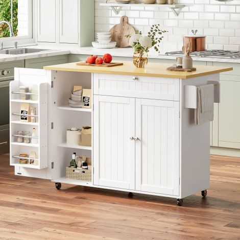 Îlot central cuisine mobile avec plateau extensible 120x45(70)x92 cm, desserte de cuisine roulante avec grand rangement, tiroir, étagères réglables et espace repas (1/5)