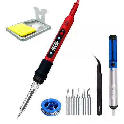 80-W-Lötkolben-Set mit einstellbarer Temperatur, LCD-Lötwerkzeug, Keramikheizer, Lötspitzen, Pinzette und Lötdraht (1/4)