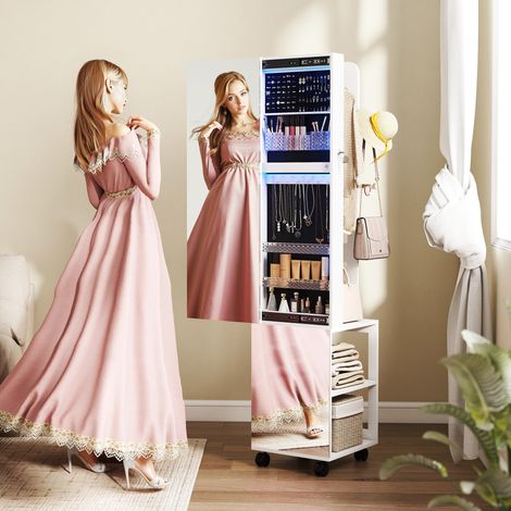doublure noire, Armoire à bijoux armoire avec miroir sur pied pivotante à 360° éclairage LED 37x40x165,5cm cadre blanc