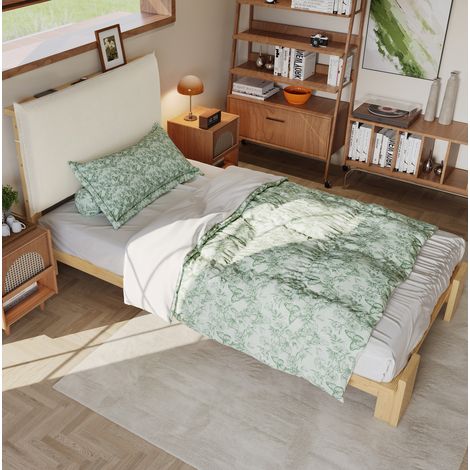 Einzelbett 90/200 cm Natur aus Kiefer und Stoff mit gepolsterter Rückenlehne (1/5)