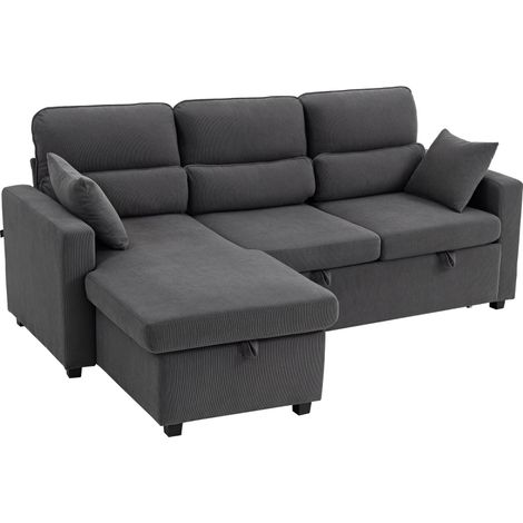 Canapé d'angle convertible en velours côtelé, canapé-lit 3 places avec rangement caché, coussins, 205x135x76cm, gris (1/5)