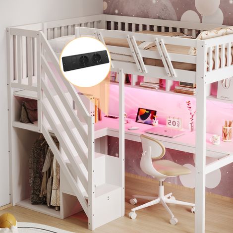 Lit mezzanine 90x200 cm en bois massif avec bureau escalier rangement prises USB éclairage LED, lit enfant ado gain de place, structure bois blanc