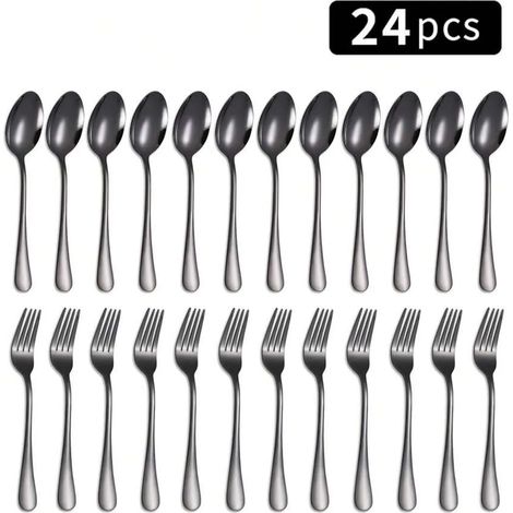 (Noir) Ensemble de 24 pièces de fourchettes et cuillères en acier inoxydable, adapté aux cuisines domestiques. (1/5)
