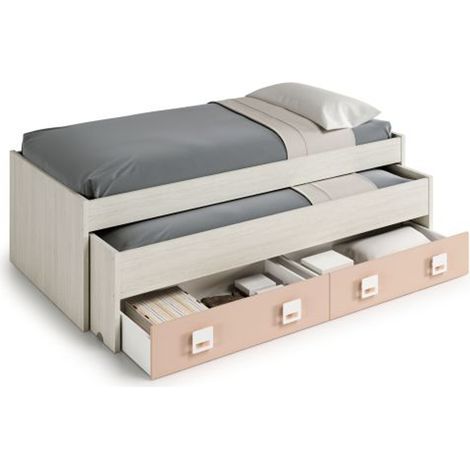 Lit Gigogne double coloris blanc alpes / rose - 69 x 199 x 96 cm -PEGANE- (1/2)