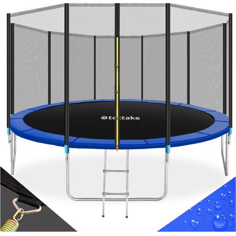 Trampoline avec échelle et filet de sécurité en acier noir bleu
