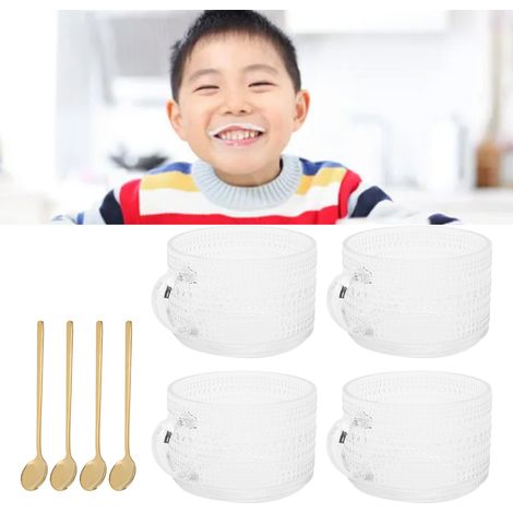 450-ml-Frühstücksbecher mit nordischem Prägemuster, Haferflockenbecher, Becher mit Retro-Henkel, durchsichtiger Latte-Becher im französischen Stil, 4-teiliges Set mit Polka-Dots + 4 Löffel (1/5)
