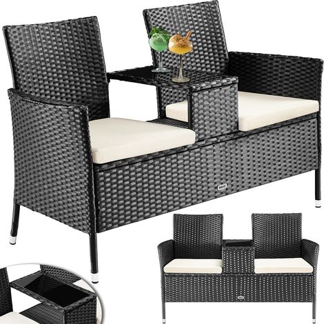 Divano Panca da Giardino Nero in Polyrattan Panchina Divanetto con Ripiano Vetro (1/5)