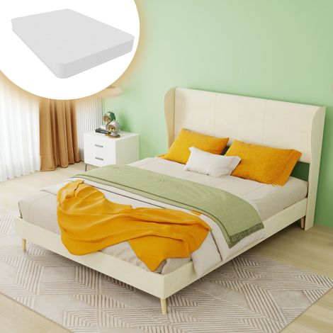 Letto moderno imbottito in tessuto beige 140x200 cm con testiera morbida e materasso incluso