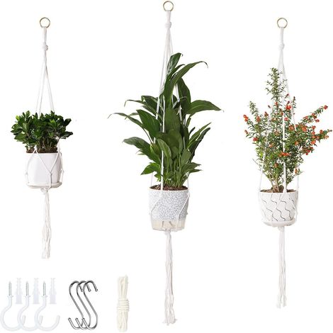 Lot de 3 suspensions macramé pour Plantes d'intérieur, Panier Suspendu Fait Main avec Crochets à vis, Crochets en S et Corde d'extension pour Plantes d'intérieur, décoration Maison (1/5)