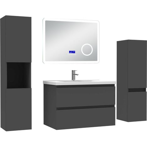 Ocean ensemble meuble 80 cm anthracite avec 2 tiroirs à fermeture automatique, lavabo céramique + miroir salle de bain Bluetooth + 2 colonnes, suspendu