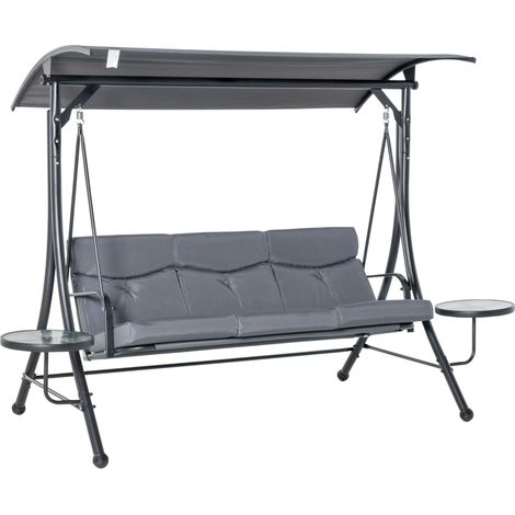 Balançoire Hollywood, balancelle de jardin 3 places, banc suspendu avec pare-soleil réglable et table basse, acier, polyester, gris et noir, 271 x 125 x 172 cm (1/5)