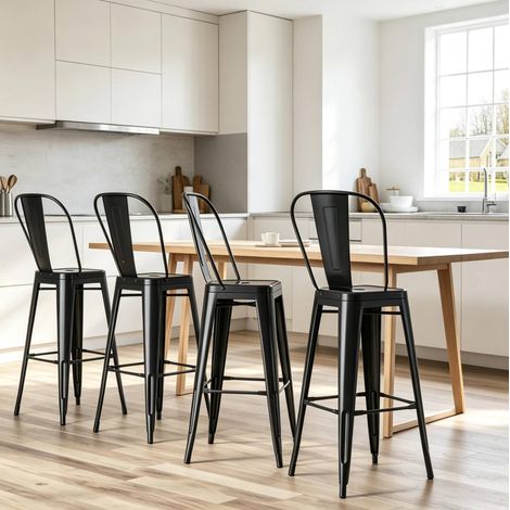 Pack de 4 taburetes de bar apilables con respaldo desmontable, metal negro DESVIAE (1/5)