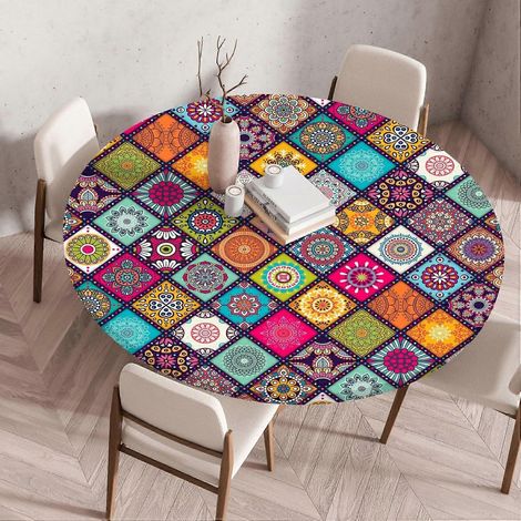 Nappe ronde bohème mandala, bordure élastique, cadre carré floral rose coloré, lavable et réutilisable, idéale pour les pique-niques et les fêtes, taille 40-44 pouces. (1/5)