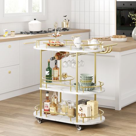 Hoerfuriy – Chariot de service à roulettes en métal doré et MDF marbré – 87 L x 37 P x 94 H cm – Capacité 25 kg par étage – Plateau tournant central 32 cm (1/5)