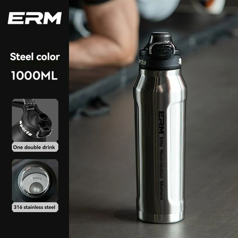 (Argent, 1000 ml) Bouteille d'eau isotherme pour boissons chaudes et froides, en acier inoxydable à double paroi, avec poignée de transport, adaptée au sport et aux activités de plein air. (1/4)