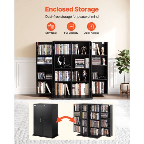 Bibliothèque Étagère, Meuble de Rangement Multimédia à 4 Niveaux, Armoire Biblio pour CD, DVD, Livres, Jeux, avec Portes et Étagère… (1/5)