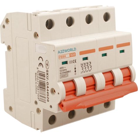 A2ZWORLD MCB Interruttore Magnetotermico Automatico Curva D 4P 4M 10000A AC 400V IP20 PB8H, Corrente Disponibili 16A 20A 25A 32A 40A 50A 63A (D20A) (1/3)