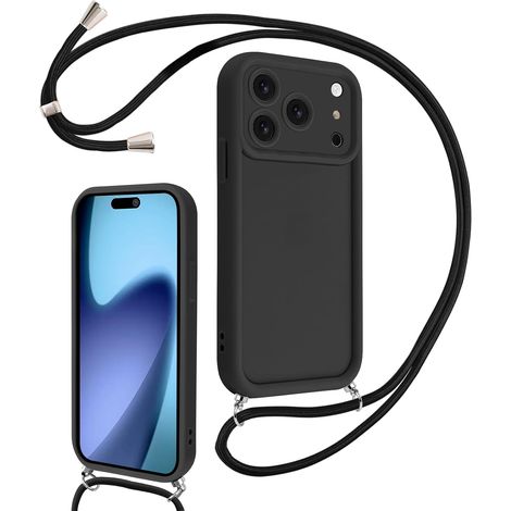 Coque pour iPhone 壹柒 Pro 6,3" avec Cordon de Collier Réglable, Etui Protection de la Caméra Silicone Souple TPU Antichoc Housse avec Corde Lanyard Cover pour Femmes Filles, Noir (1/5)