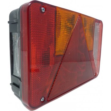 Feu 6 fonctions droit 12V – Clignotant, feu stop, veilleuse, feu de recul, éclairage plaque – Dimensions 220x140x60mm – Prise 4/5 pôles – Radex