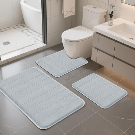 Lot de 3 tapis de bain antidérapants et lavables avec mousse à mémoire de forme et tapis WC en forme de U (gris clair, 2 tapis de bain + tapis WC en forme de U) (1/5)